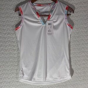 Pebble Beach White Sleeveless V-Neck Tank with Pink and Blue Floral Trim